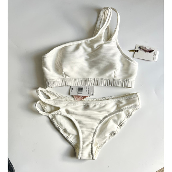 NWT Jessica Simpson One Shoulder Slash Bikini Top&Cut Out Hipster Bottoms White - Picture 2 of 7